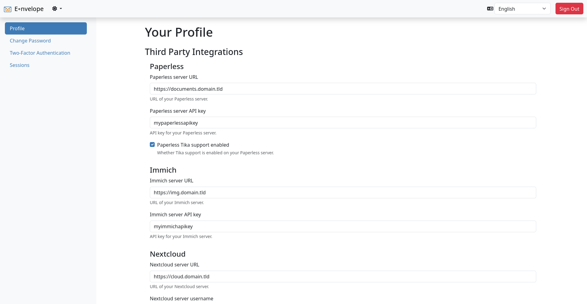 Third party integration settings screenshot