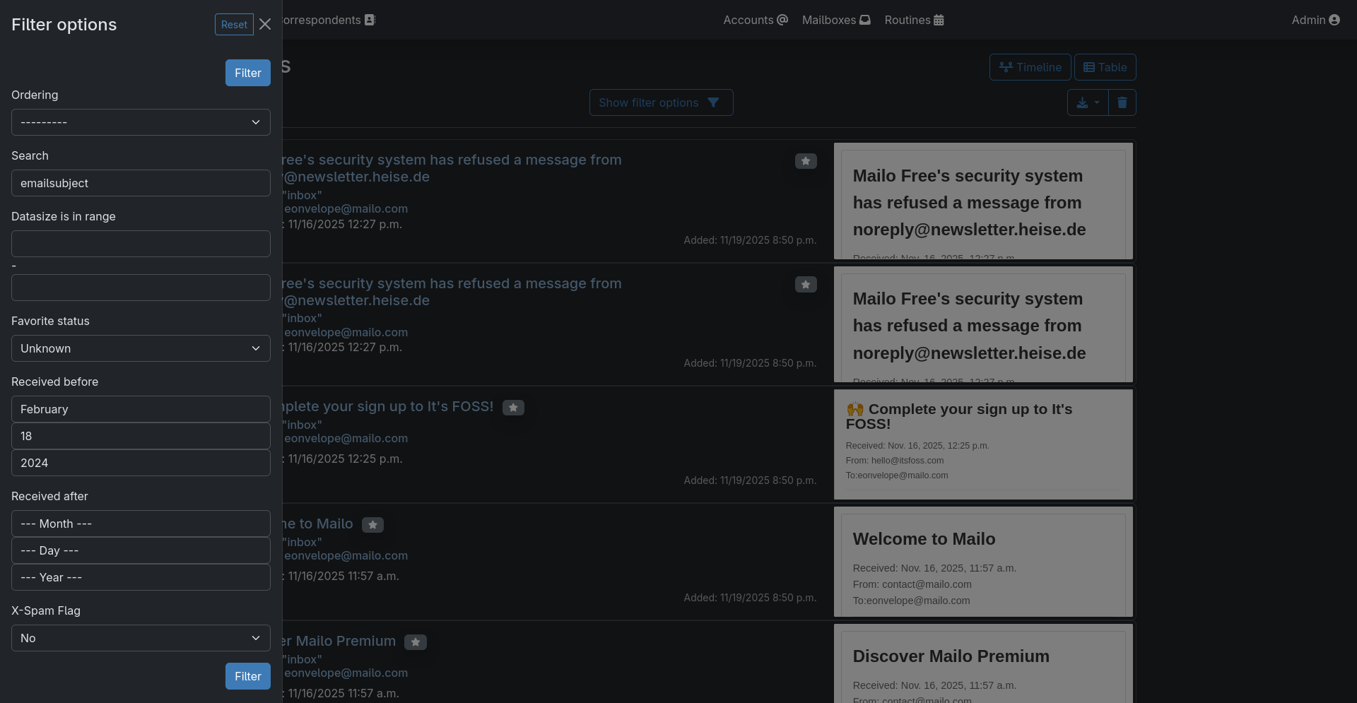 Email list filter screenshot